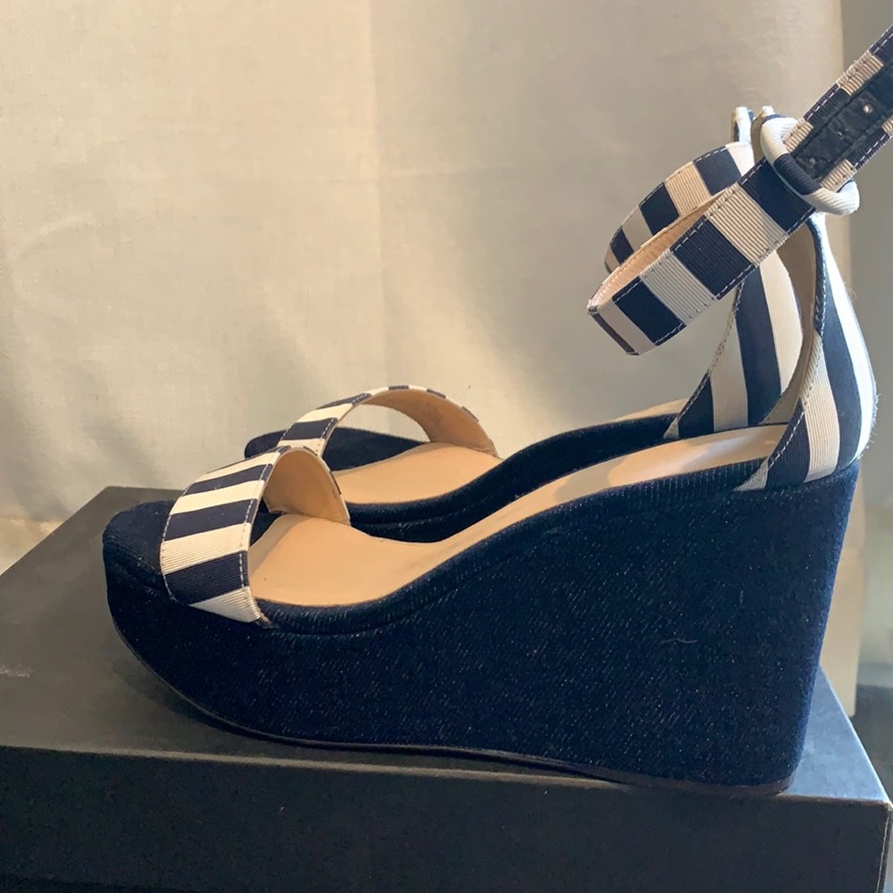 J Crew Wedge Sandals, Striped ivory and dark denim